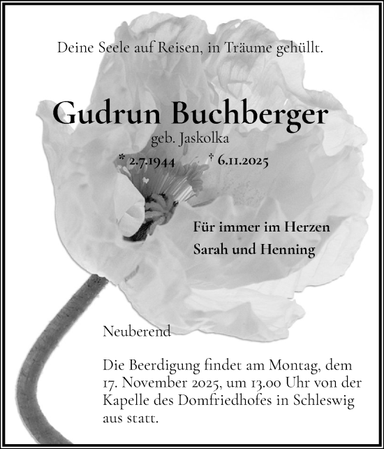 Traueranzeige von Gudrun Buchberger von Schleswiger Nachrichten, Schlei-Bote