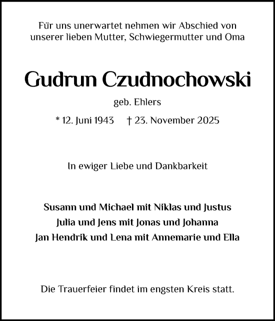 Traueranzeige von Gudrun Czudnochowski von Norddeutsche Rundschau, Wilstersche Zeitung, Glückstädter Fortuna