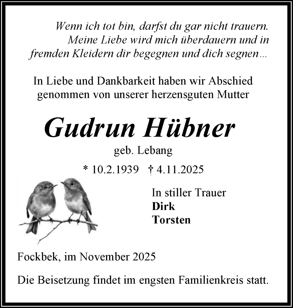  Traueranzeige für Gudrun Hübner vom 15.11.2025 aus Schleswig-Holsteinische Landeszeitung