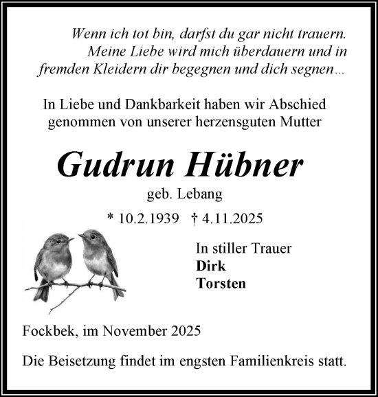 Traueranzeige von Gudrun Hübner von Schleswig-Holsteinische Landeszeitung