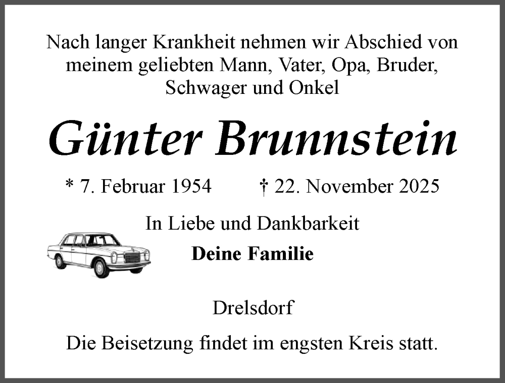  Traueranzeige für Günter Brunnstein vom 29.11.2025 aus Husumer Nachrichten, Nordfriesland Tageblatt