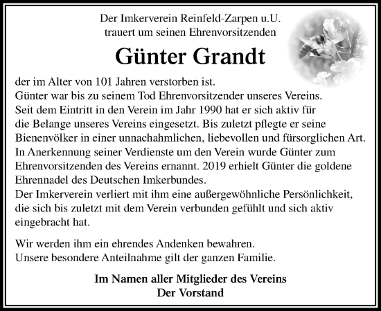 Traueranzeige von Günter Grandt von MARKT Bad Oldesloe/Reinfeld und Stormarner Tageblatt