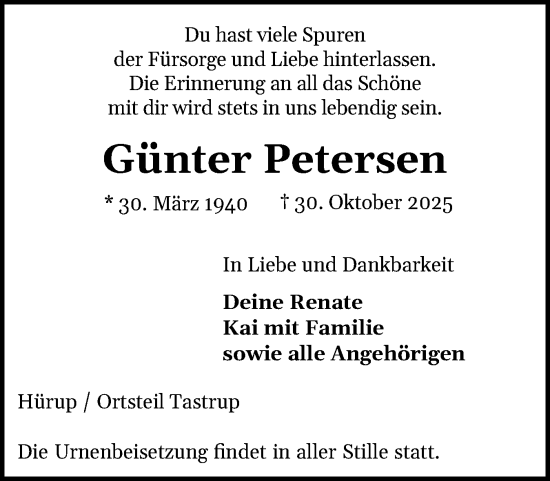 Traueranzeige von Günter Petersen von Flensburger Tageblatt
