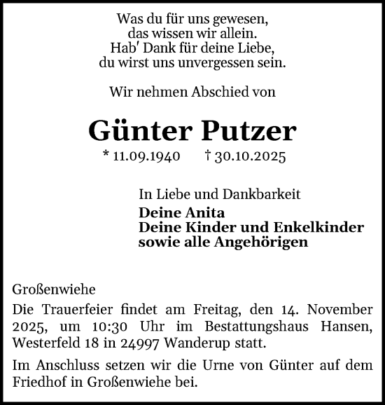 Traueranzeige von Günter Putzer von Flensburger Tageblatt