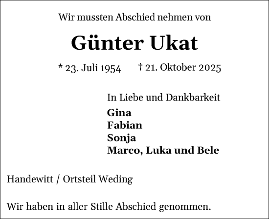 Traueranzeige von Günter Ukat von Flensburger Tageblatt