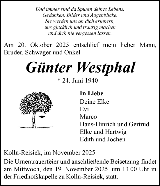 Traueranzeige von Günter Westphal von Elmshorner Nachrichten, Barmstedter Zeitung