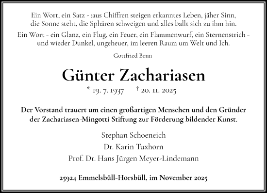 Traueranzeige von Günter Zachariasen von Region Flensburg