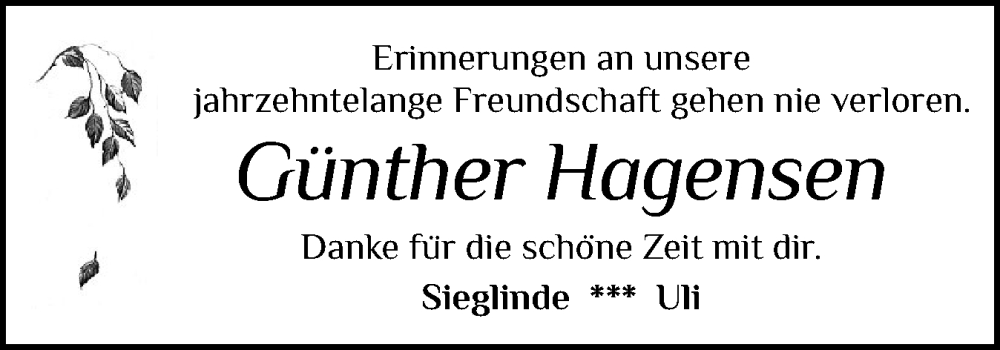  Traueranzeige für Günther Hagensen vom 15.11.2025 aus Schleswiger Nachrichten, Schlei-Bote