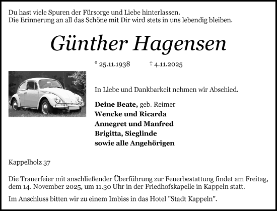 Traueranzeige von Günther Hagensen von Flensburger Tageblatt, Schleswiger Nachrichten, Schlei-Bote
