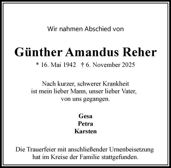 Traueranzeige von Günther Amandus Reher von Wochenend Anzeiger