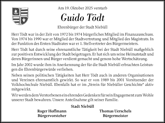 Traueranzeige von Guido Tödt von Husumer Nachrichten, Nordfriesland Tageblatt