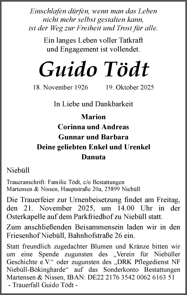  Traueranzeige für Guido Tödt vom 12.11.2025 aus Husumer Nachrichten, Nordfriesland Tageblatt