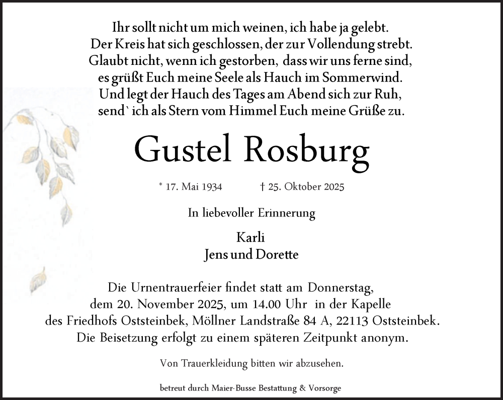  Traueranzeige für Gustel Rosburg vom 15.11.2025 aus MARKT Glinde/Reinfeld