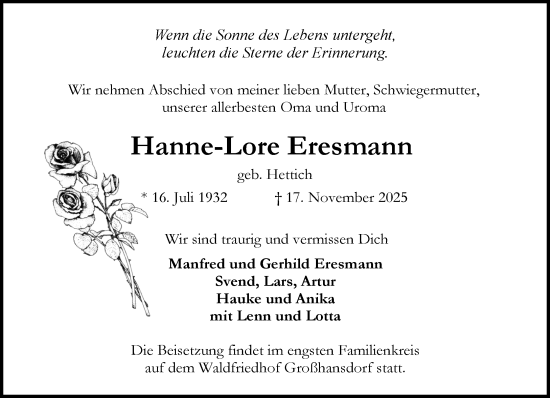 Traueranzeige von Hanne-Lore Eresmann von MARKT Ahrensburg/Bargteheide/Trittau und Stormarner Tageblatt
