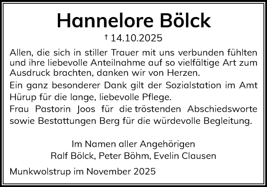 Traueranzeige von Hannelore Bölck von Flensburger Tageblatt, Schleswiger Nachrichten, Schlei-Bote