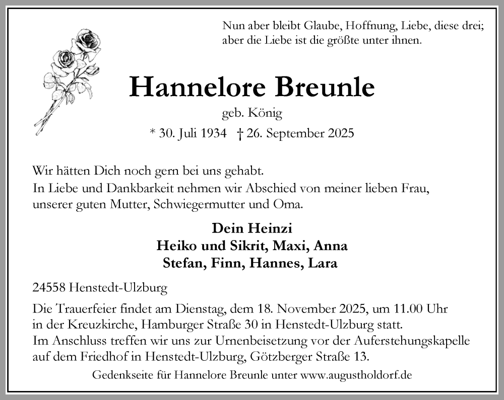  Traueranzeige für Hannelore Breunle vom 08.11.2025 aus Umschau