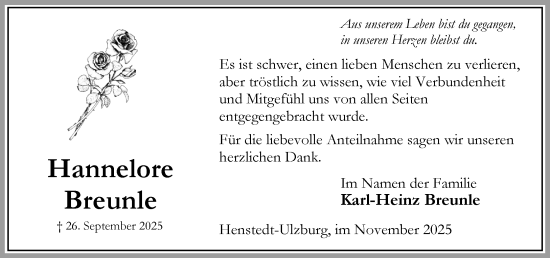 Traueranzeige von Hannelore Breunle von Umschau