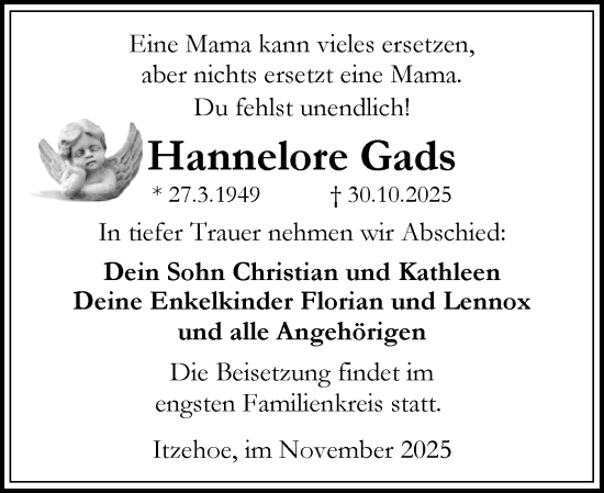 Traueranzeige von Hannelore Gads von Norddeutsche Rundschau, Wilstersche Zeitung, Glückstädter Fortuna