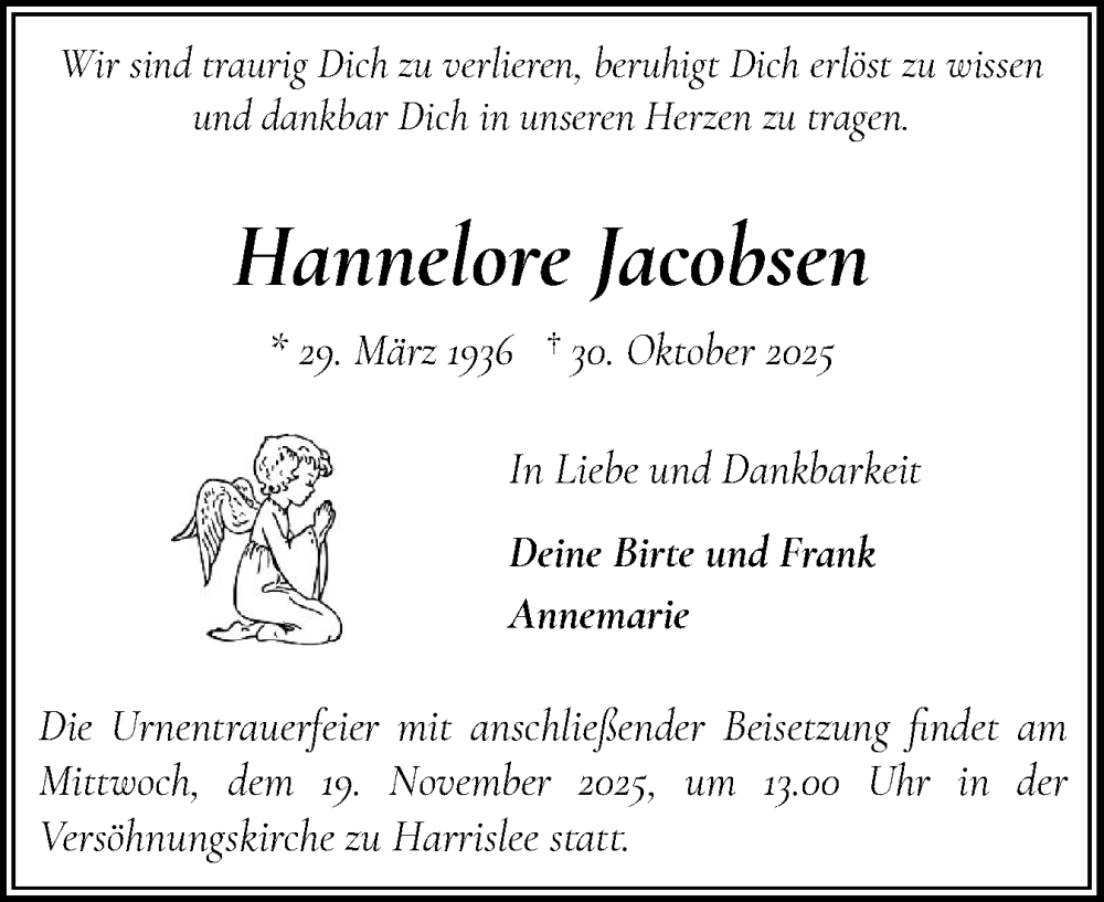  Traueranzeige für Hannelore Jacobsen vom 08.11.2025 aus Flensburger Tageblatt
