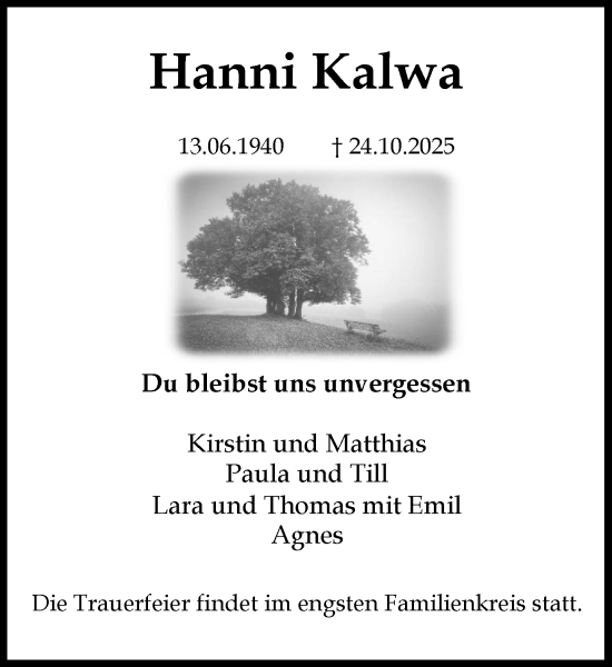 Traueranzeige von Hanni Kalwa von Heimatspiegel