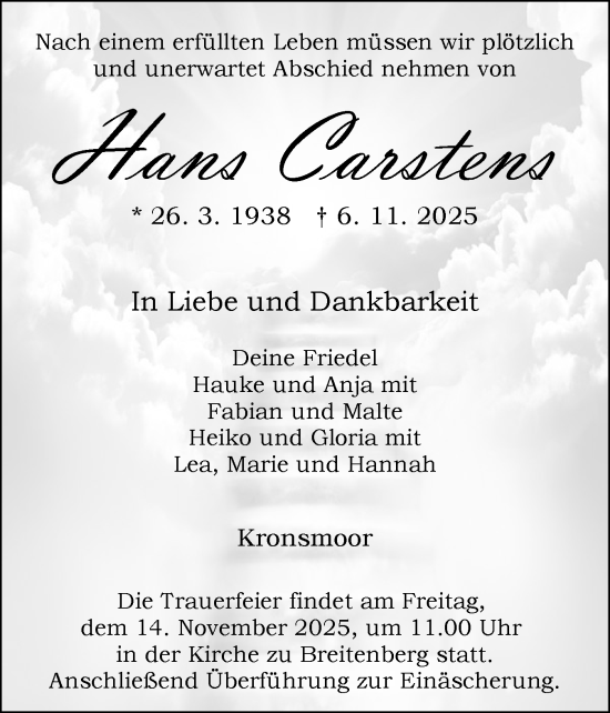 Traueranzeige von Hans Carstens von Norddeutsche Rundschau, Wilstersche Zeitung, Glückstädter Fortuna