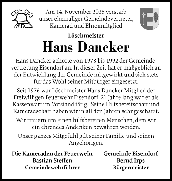 Traueranzeige von Hans Dancker von Schleswig-Holsteinische Landeszeitung