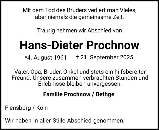 Traueranzeige von Hans-Dieter Prochnow von Flensburger Tageblatt