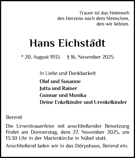 Traueranzeige von Hans Eichstädt von Schleswiger Nachrichten, Schlei-Bote