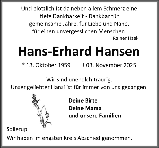 Traueranzeige von Hans-Erhard Hansen von Region Flensburg