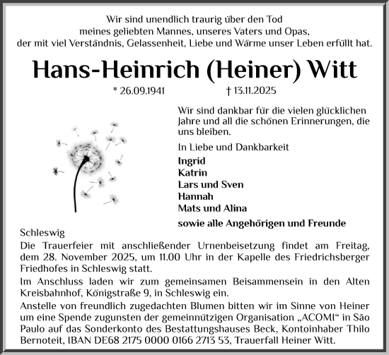 Traueranzeige von Hans-Heinrich Witt von Schleswiger Nachrichten, Schlei-Bote
