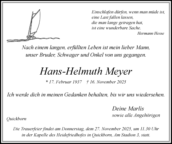 Traueranzeige von Hans-Helmuth Meyer von Region Pinneberg und tip Pinneberg