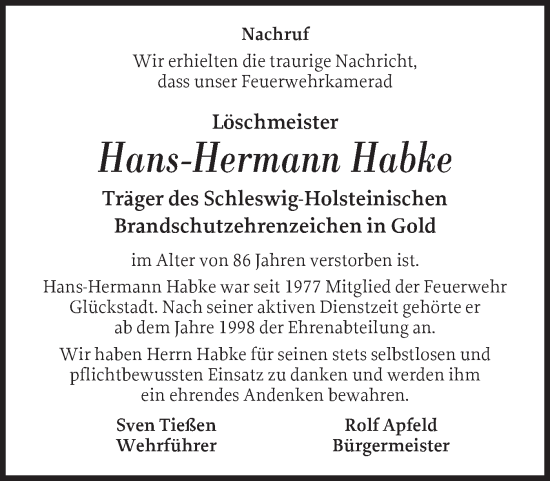 Traueranzeige von Hans-Hermann Habke von Norddeutsche Rundschau, Wilstersche Zeitung, Glückstädter Fortuna