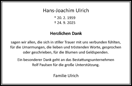 Traueranzeige von Hans-Joachim Ulrich von MARKT Bad Oldesloe/Reinfeld und Stormarner Tageblatt