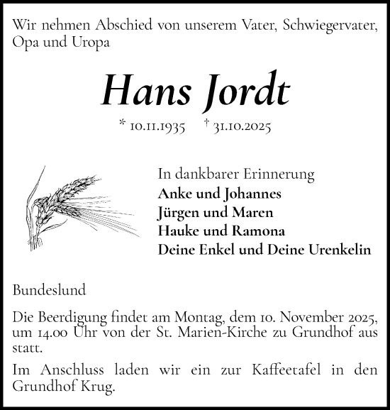 Traueranzeige von Hans Jordt von Flensburger Tageblatt
