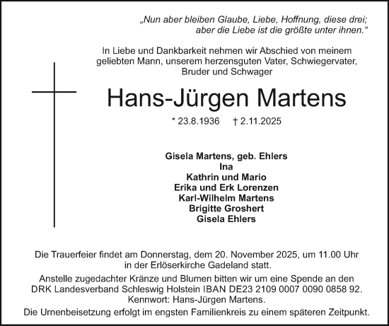 Traueranzeige von Hans-Jürgen Martens von Holsteinischer Courier