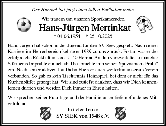 Traueranzeige von Hans-Jürgen Mertinkat von MARKT Ahrensburg/Bargteheide/Trittau und Stormarner Tageblatt