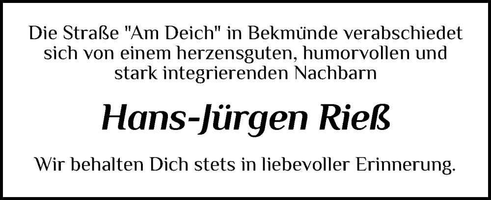  Traueranzeige für Hans-Jürgen Rieß vom 29.11.2025 aus Norddeutsche Rundschau, Wilstersche Zeitung, Glückstädter Fortuna