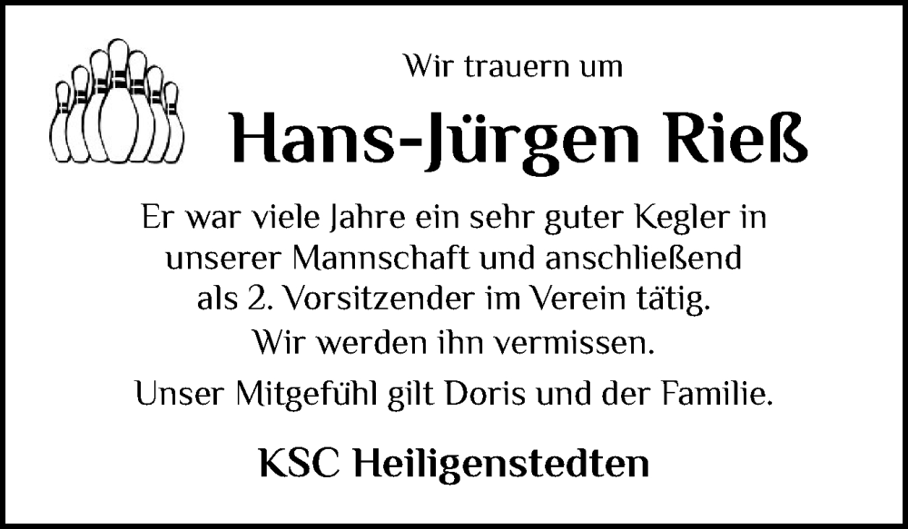  Traueranzeige für Hans-Jürgen Rieß vom 01.12.2025 aus Norddeutsche Rundschau, Wilstersche Zeitung, Glückstädter Fortuna