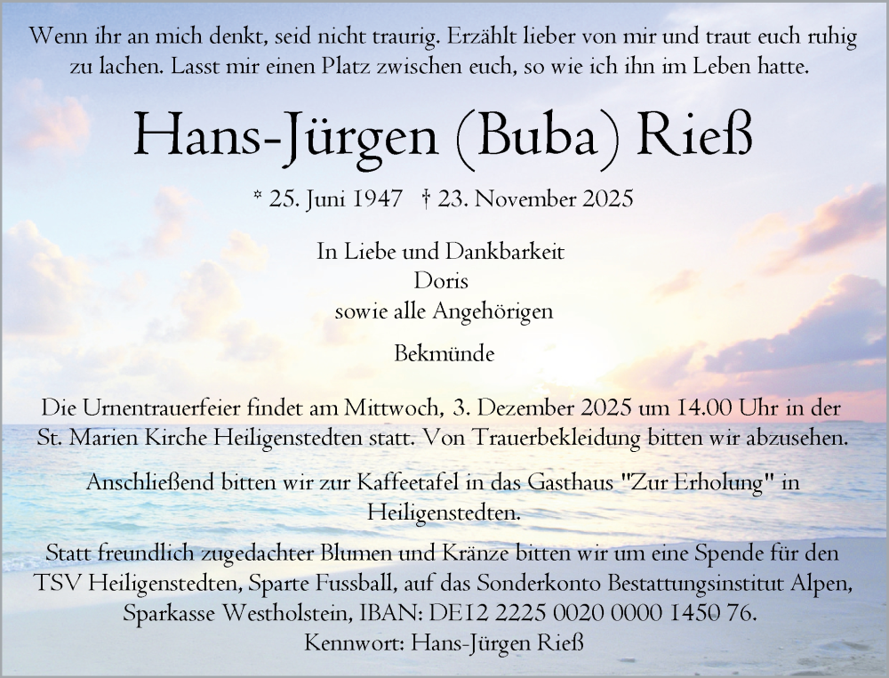  Traueranzeige für Hans-Jürgen Rieß vom 29.11.2025 aus Norddeutsche Rundschau, Wilstersche Zeitung, Glückstädter Fortuna