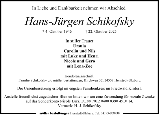 Traueranzeige von Hans-Jürgen Schikofsky von Umschau