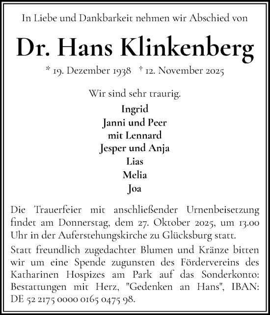 Traueranzeige von Hans Klinkenberg von Flensburger Tageblatt
