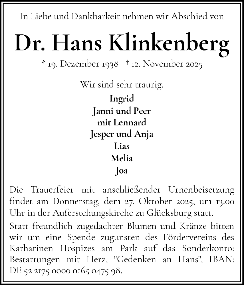  Traueranzeige für Hans Klinkenberg vom 22.11.2025 aus Flensburger Tageblatt
