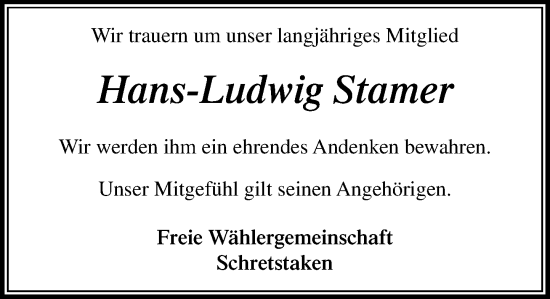 Traueranzeige von Hans-Ludwig Stamer von MARKT Ratzeburg/Mölln