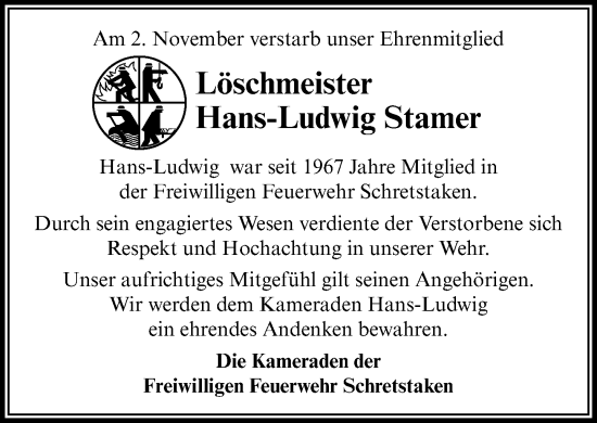Traueranzeige von Hans-Ludwig Stamer von MARKT Ratzeburg/Mölln