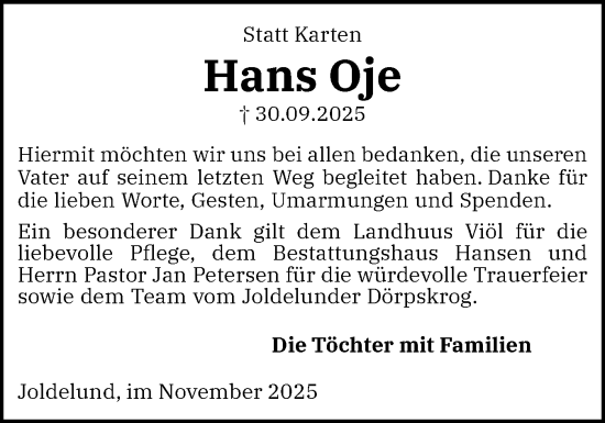 Traueranzeige von Hans Oje von Husumer Nachrichten, Nordfriesland Tageblatt