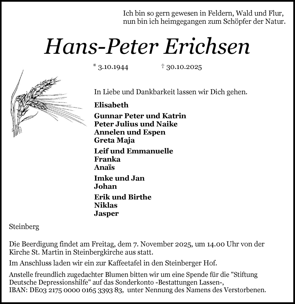  Traueranzeige für Hans-Peter Erichsen vom 04.11.2025 aus Flensburger Tageblatt