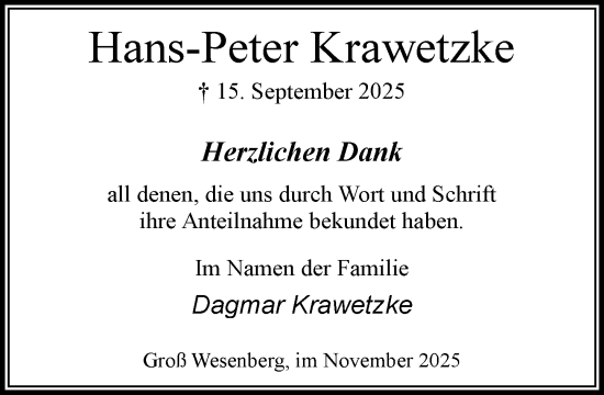 Traueranzeige von Hans-Peter Krawetzke von MARKT Bad Oldesloe/Reinfeld und Stormarner Tageblatt
