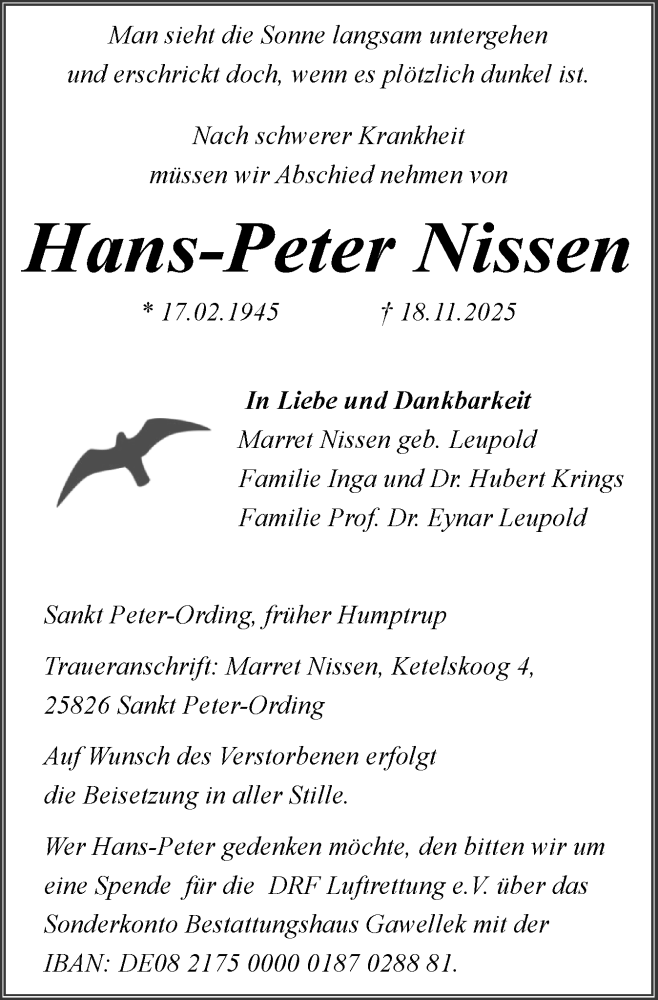  Traueranzeige für Hans-Peter Nissen vom 22.11.2025 aus Husumer Nachrichten, Nordfriesland Tageblatt