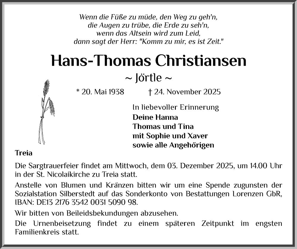  Traueranzeige für Hans-Thomas Christiansen vom 29.11.2025 aus Schleswiger Nachrichten, Schlei-Bote