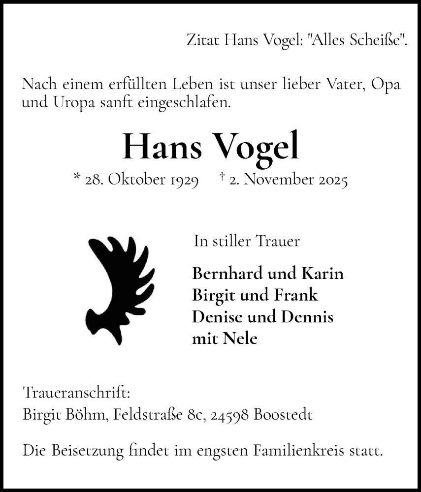  Traueranzeige für Hans Vogel vom 15.11.2025 aus Holsteinischer Courier